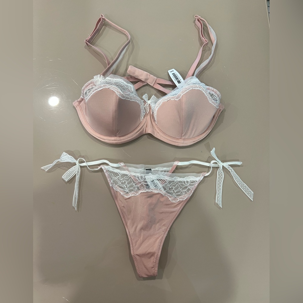 Adore Me Pink and White Bra with Playful Ribbon Details